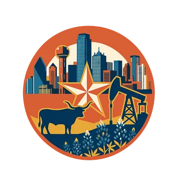 The Meadowood Estates badge: the Dallas skyline, a Texas star, a longhorn, and bluebonnets in an orange ring