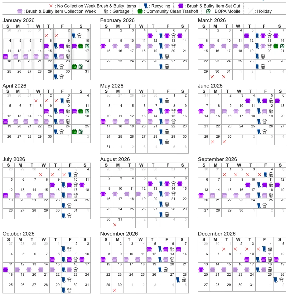 The City of Dallas 2026 collection calendar as a grid of twelve months. Garbage and recycling are collected together each Friday, except Saturday, January 3; Saturday, November 28; and Saturday, December 26. Brush and bulky items are set out Thursday to Sunday once a month and collected during the week that follows.