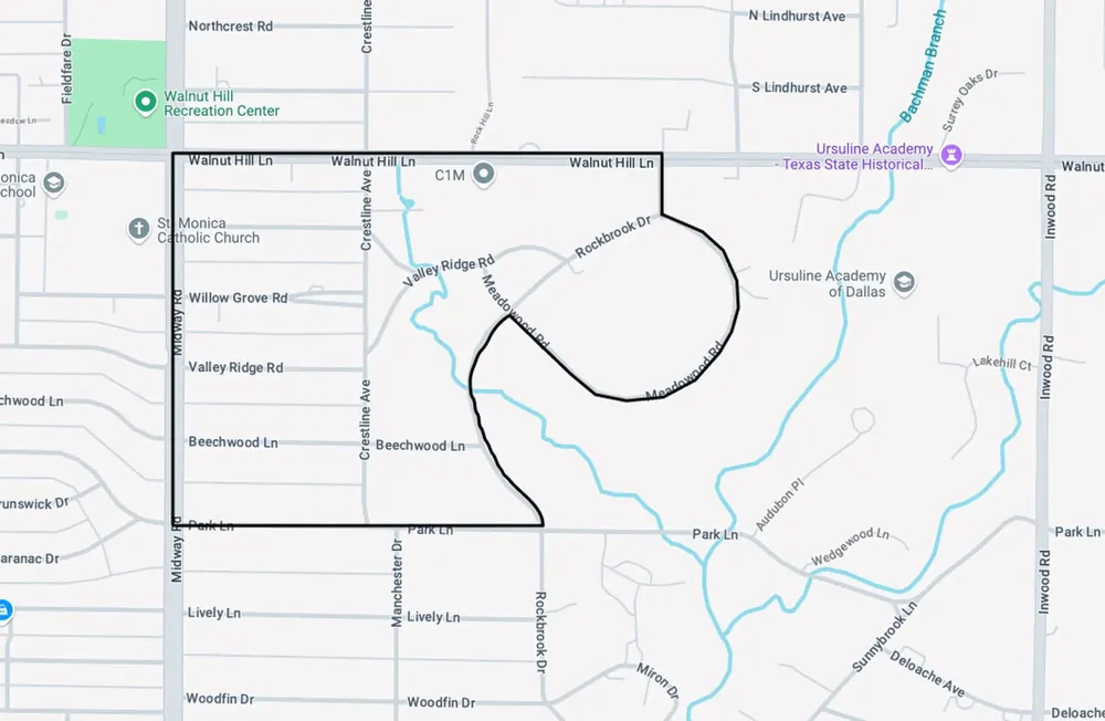 A street map with the association's boundary outlined in black: Walnut Hill Lane along the top, Midway Road down the left, Park Lane along the bottom, and an irregular eastern edge following Rockbrook Drive and Meadowood Road.