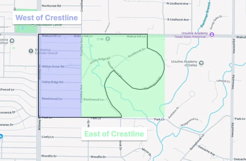 A street map of the neighborhood, bounded by Walnut Hill Lane, Midway Road, and Park Lane. The area between Midway Road and Crestline Avenue is shaded blue and labeled 'West of Crestline'; the area east of Crestline Avenue is shaded green and labeled 'East of Crestline'.